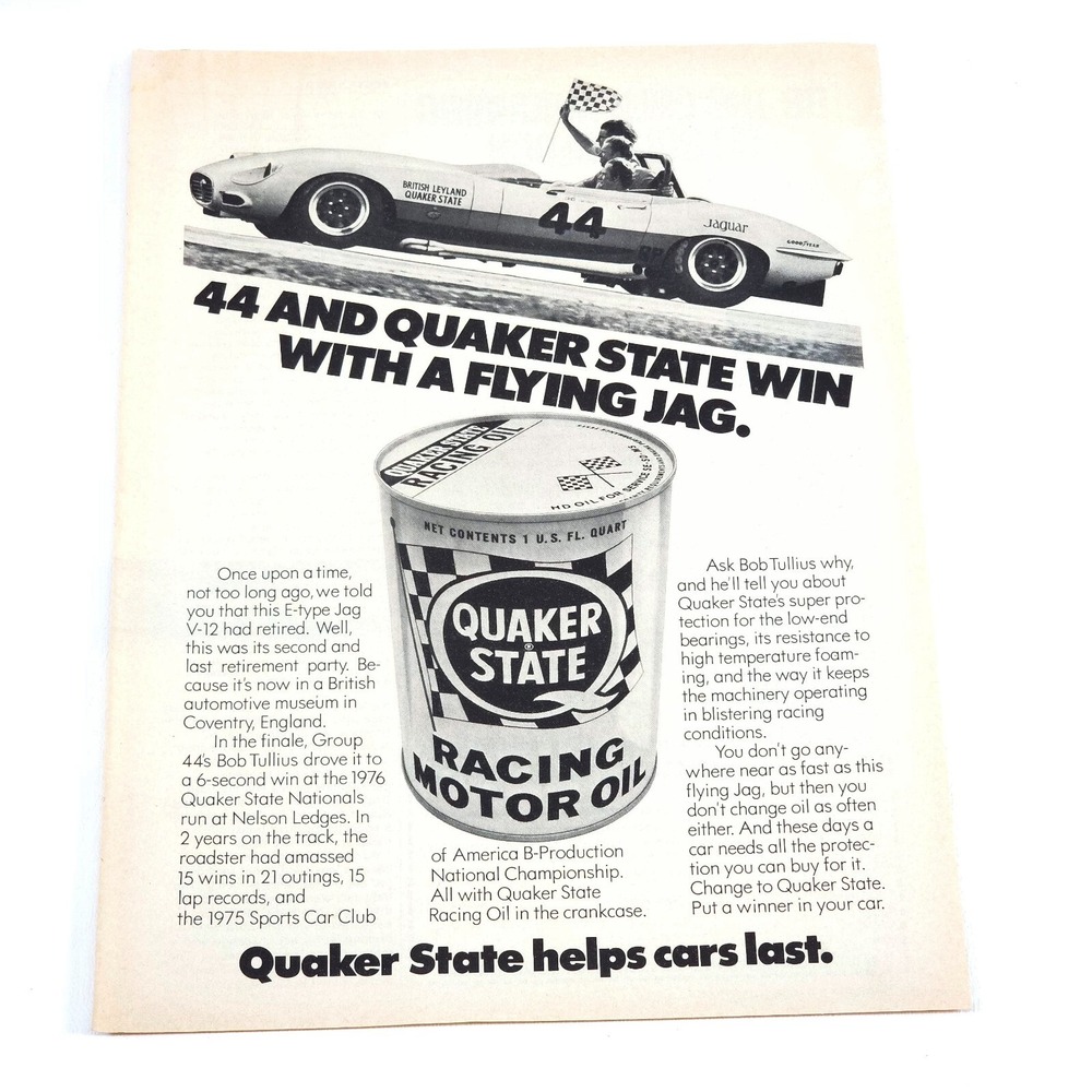 Quaker State Vintage Print Ad Racing Oil Promo Art Jaguar Upcycled Decor 1970s